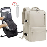 Beige 35L Vacuum Compression Travel Backpack with Manual Air Pump, Shoe Zone and 15.6" Laptop House - Waterproof Suitcase Style Carry On Bag for Men Women Business Commute