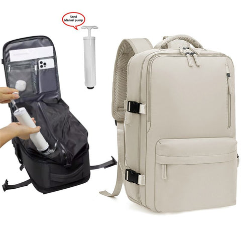 Beige 35L Vacuum Compression Travel Backpack with Manual Air Pump, Shoe Zone and 15.6" Laptop House - Waterproof Suitcase Style Carry On Bag for Men Women Business Commute
