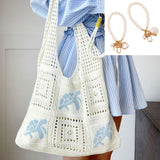 Bohemian Crochet Beach Tote Bag with Seashell & Heart Pearl Charm Keychains - Chic Summer Hollow Out Knit Shoulder Bag for Vacation and Shopping (Light Blue Sea Turtle)