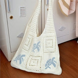 Bohemian Crochet Beach Tote Bag with Seashell & Heart Pearl Charm Keychains - Chic Summer Hollow Out Knit Shoulder Bag for Vacation and Shopping (Light Blue Sea Turtle)