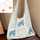 Bohemian Crochet Beach Tote Bag with Seashell & Heart Pearl Charm Keychains - Chic Summer Hollow Out Knit Shoulder Bag for Vacation and Shopping (Dark Blue Sea Turtle) In Australia - Darrahopens