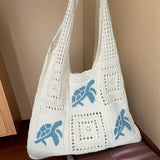 Bohemian Crochet Beach Tote Bag with Seashell & Heart Pearl Charm Keychains - Chic Summer Hollow Out Knit Shoulder Bag for Vacation and Shopping (Dark Blue Sea Turtle) In Australia - Darrahopens