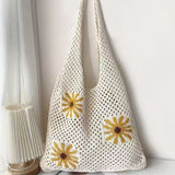Bohemian Crochet Beach Tote Bag with Seashell & Heart Pearl Charm Keychains - Chic Summer Hollow Out Knit Shoulder Bag for Vacation and Shopping (Beige Flower) In Australia - Darrahopens