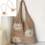 Bohemian Crochet Beach Tote Bag with Seashell & Heart Pearl Charm Keychains - Chic Summer Hollow Out Knit Shoulder Bag for Vacation and Shopping (Brown Flower) In Australia - Darrahopens