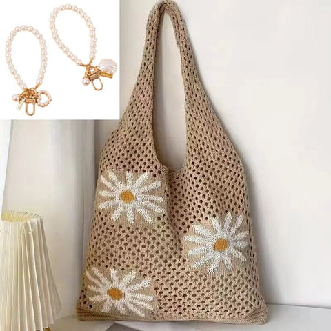 Bohemian Crochet Beach Tote Bag with Seashell & Heart Pearl Charm Keychains - Chic Summer Hollow Out Knit Shoulder Bag for Vacation and Shopping (Brown Flower) In Australia - Darrahopens