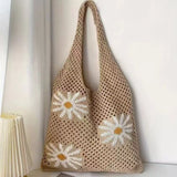 Bohemian Crochet Beach Tote Bag with Seashell & Heart Pearl Charm Keychains - Chic Summer Hollow Out Knit Shoulder Bag for Vacation and Shopping (Brown Flower) In Australia - Darrahopens