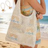 Bohemian Crochet Beach Tote Bag with Seashell & Heart Pearl Charm Keychains - Chic Summer Hollow Out Knit Shoulder Bag for Vacation and Shopping (Beige Sun) In Australia - Darrahopens