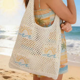 Bohemian Crochet Beach Tote Bag with Seashell & Heart Pearl Charm Keychains - Chic Summer Hollow Out Knit Shoulder Bag for Vacation and Shopping (Beige Sun) In Australia - Darrahopens