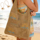 Bohemian Crochet Beach Tote Bag with Seashell & Heart Pearl Charm Keychains - Chic Summer Hollow Out Knit Shoulder Bag for Vacation and Shopping (Brown Sun) In Australia - Darrahopens