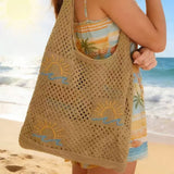 Bohemian Crochet Beach Tote Bag with Seashell & Heart Pearl Charm Keychains - Chic Summer Hollow Out Knit Shoulder Bag for Vacation and Shopping (Brown Sun) In Australia - Darrahopens