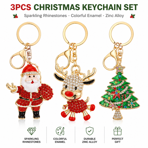 3 PCS Rhinestone Christmas Keychain Set - Zinc AlloyEnamel Santa Claus, Cute Reindeer and Christmas Tree Bag Charm Key Ring Pendant Accessories for Christmas Gifts & DIY Deco In Australia - Darrahopens