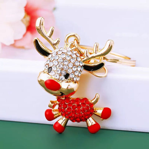 2PCS Rhinestone Enamel Christmas Reindeer Keychain - Zinc Alloy Cute Bag Charm Pendant Accessories for Christmas Gifts & DIY Deco