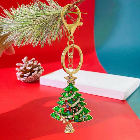 2PCS Rhinestone Enamel Christmas Tree Keychain - Durable Zinc Alloy Bag Charm Pendant Accessories for Christmas Gifts & DIY Deco