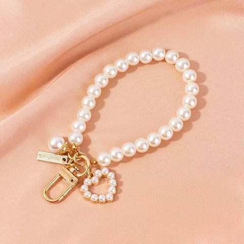 Pearl Beaded Bracelet / Keychain / Bag Charm with Elegant Pearl Heart Pendant and Gift Box - Multifunctional Pearl Wristlet Key Ring & Purse Accessory (Dia 14 cm)