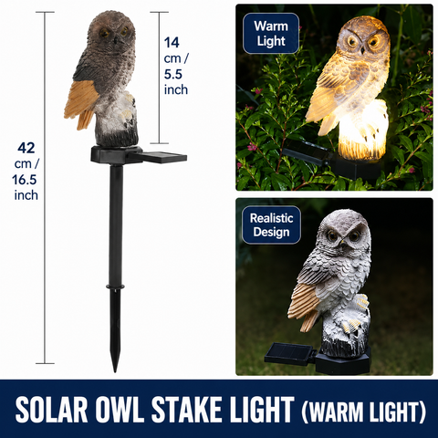 Brown Resin Owl Solar Powered Garden Stake Light - Outdoor Decorative LED Landscape Pathway Night Light