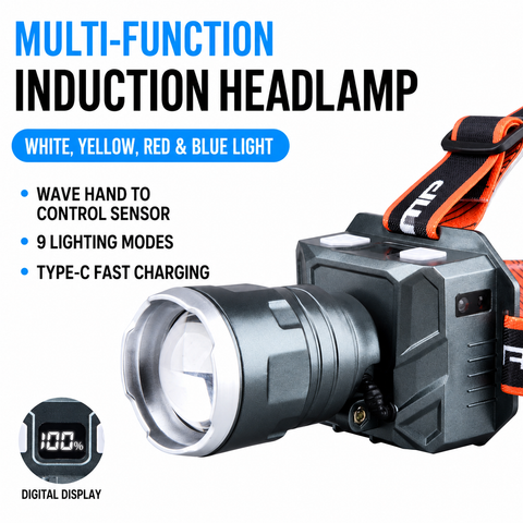Multifunctional Outdoor LED Headlamp with Motion Sensor and Telescopic Zoom Focus - 4 Colors Light and 9 Modes, 110° Angle Adjustment, Digital Power Display for Night Fishing Camping Cycling In Australia - Darrahopens