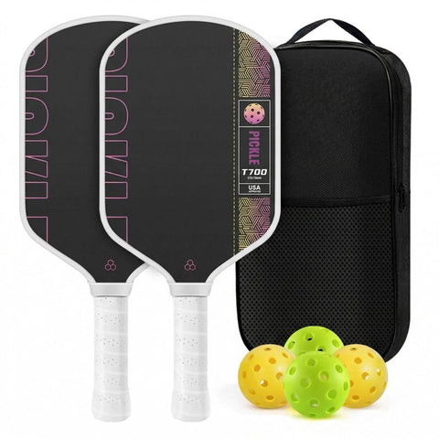 Black and Pink T700 Raw Carbon Fiber Pickleball Paddle Set - 2 Professional Honeycomb Core Paddles, 4 Balls and Carry Bag for Outdoor Use