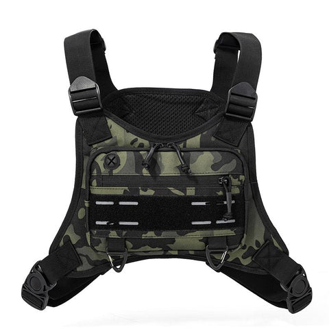 Black Camouflage Tactical Chest Rig Bag with Multi Zipper Pockets - Waterproof Nylon Utility Vest Pack, Breathable Back Pad and Adjustable Straps