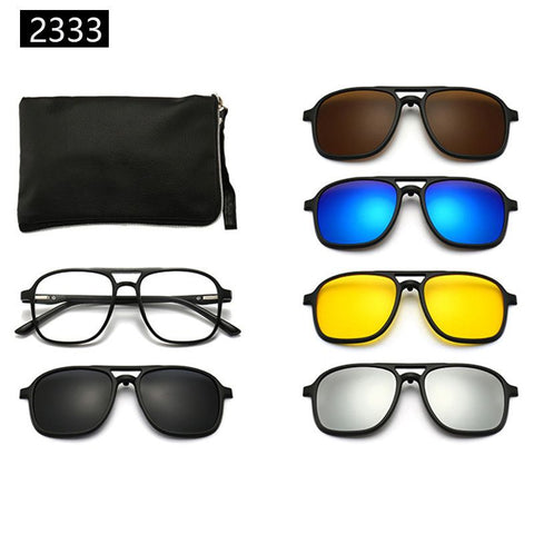 7-in-1 Magnetic Clip-On Sunglasses Set with Flexible Frame and Leather Bag - Unisex Double Bridge Aviator Eyeglasses and 5 Pairs of Polarized / Night Vision Lenses (2333 Style) In Australia - Darrahopens
