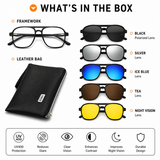 7-in-1 Magnetic Clip-On Sunglasses Set with Flexible Frame and Leather Bag - Unisex Double Bridge Aviator Eyeglasses and 5 Pairs of Polarized / Night Vision Lenses (2333 Style) In Australia - Darrahopens