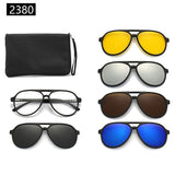 7-in-1 Magnetic Clip-On Sunglasses Set with Flexible Frame and Leather Bag - Unisex Double Bridge Aviator Eyeglasses and 5 Pairs of Polarized / Night Vision Lenses (2380 Style)