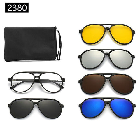 7-in-1 Magnetic Clip-On Sunglasses Set with Flexible Frame and Leather Bag - Unisex Double Bridge Aviator Eyeglasses and 5 Pairs of Polarized / Night Vision Lenses (2380 Style)