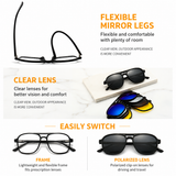 7-in-1 Magnetic Clip-On Sunglasses Set with Flexible Frame and Leather Bag - Unisex Double Bridge Aviator Eyeglasses and 5 Pairs of Polarized / Night Vision Lenses (2380 Style)
