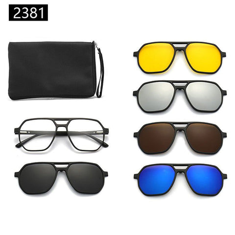 7-in-1 Magnetic Clip-On Sunglasses Set with Flexible Frame and Leather Bag - Unisex Double Bridge Aviator Eyeglasses and 5 Pairs of Polarized / Night Vision Lenses (2381 Style) In Australia - Darrahopens