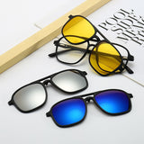 7-in-1 Magnetic Clip-On Sunglasses Set with Flexible Frame and Leather Bag - Unisex Double Bridge Aviator Eyeglasses and 5 Pairs of Polarized / Night Vision Lenses (2381 Style)