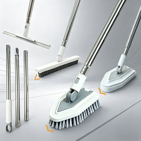 4-in-1 Bathroom Cleaning Brush Set with Sponge Pad, Hard Bristle / V-Shape Grout Brush and Squeegee - 120CM Extendable Stainless Steel Handle, Adjustable & Lockable Angle for Floor, Gap, Window and Bathtub In Australia - Darrahopens