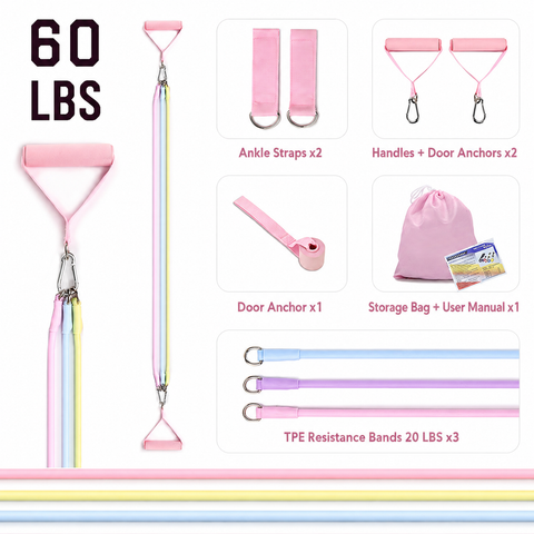 Women's Multifunctional 60 lbs Resistance Band Set with Storage Bag, Foam Handles and Ankle Straps for Home Fitness & Pilates Workout (Pink Macaron Carabiners Style) In Australia - Darrahopens