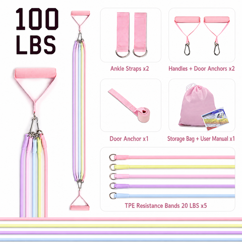 Women's Multifunctional 100 lbs Resistance Band Set with Storage Bag, Foam Handles and Ankle Straps for Home Fitness & Pilates Workout (Pink Macaron Carabiners Style) In Australia - Darrahopens