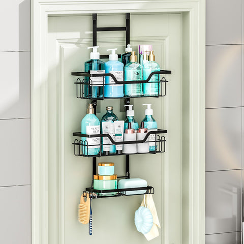 3-Tier Extra Large Over the Door Shower Caddy - Hanging Bathroom Organizer Shelf with Storage Hooks and Stabilizing Adhesive Pads