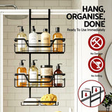 3-Tier Extra Large Over the Door Shower Caddy - Hanging Bathroom Organizer Shelf with Storage Hooks and Stabilizing Adhesive Pads