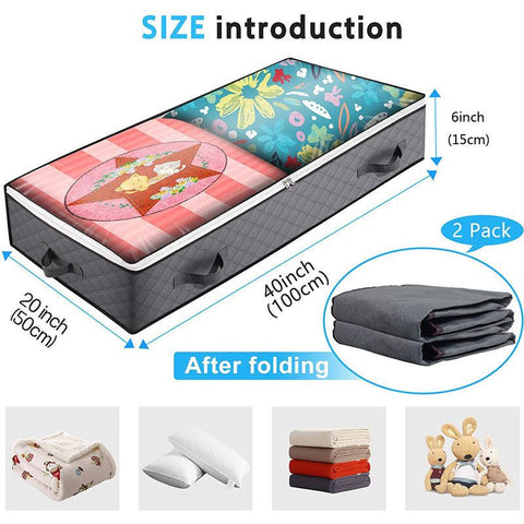 2 Pack Folding Non-Woven Underbed Storage Containers with Clear Top Zipper Lid & 4 Reinforced Handles (Dark Grey 40 x 20 x 6")