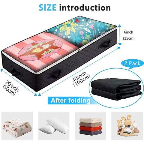 2 Pack Folding Non-Woven Underbed Storage Containers with Clear Top Zipper Lid & 4 Reinforced Handles (Black 40 x 20 x 6")