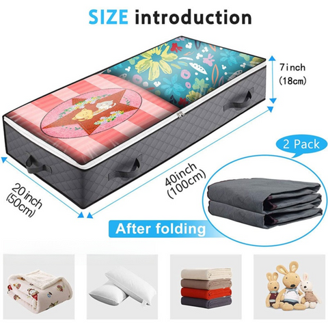 2 Pack Folding Non-Woven Underbed Storage Containers with Clear Top Zipper Lid & 4 Reinforced Handles (Dark Grey 40 x 20 x 7")