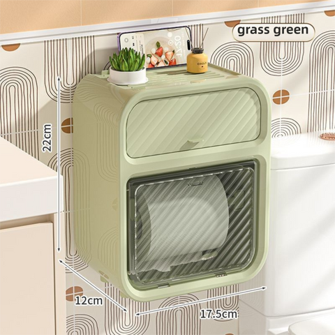 Grass Green Wall Mounted Toilet Paper Holder & Bathroom Storage Organizer - Waterproof Double Layer Wall Shelf with Detachable Roll Spindle for Hollow and Solid Paper