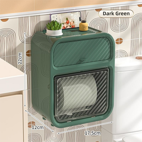 Dark Green Wall Mounted Toilet Paper Holder & Bathroom Storage Organizer - Waterproof Double Layer Wall Shelf with Detachable Roll Spindle for Hollow and Solid Paper