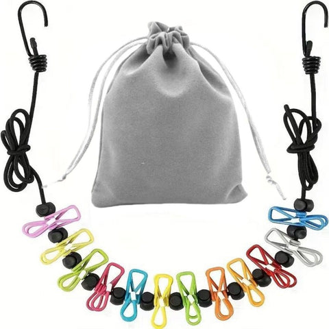 Colorful Portable Windproof Travel Clothesline and Velvet Storage Bag - 1.8M to 4M High Elastic Travel Laundry Line with 12 Clips & 13 Positioning Beads to Prevent Clothes Tangling