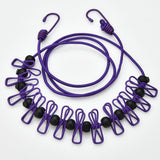 Purple Portable Windproof Travel Clothesline and Velvet Storage Bag - 1.8M to 4M High Elastic Travel Laundry Line with 12 Clips & 13 Positioning Beads to Prevent Clothes Tangling