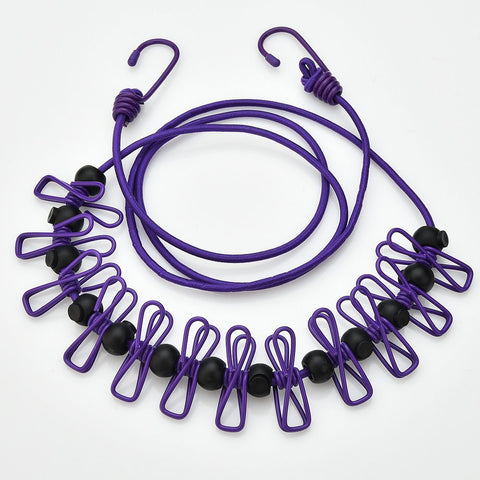Purple Portable Windproof Travel Clothesline and Velvet Storage Bag - 1.8M to 4M High Elastic Travel Laundry Line with 12 Clips & 13 Positioning Beads to Prevent Clothes Tangling