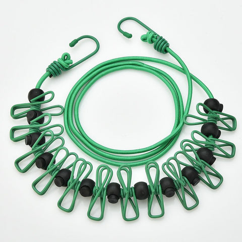 Green Portable Windproof Travel Clothesline and Velvet Storage Bag - 1.8M to 4M High Elastic Travel Laundry Line with 12 Clips & 13 Positioning Beads to Prevent Clothes Tangling In Australia - Darrahopens