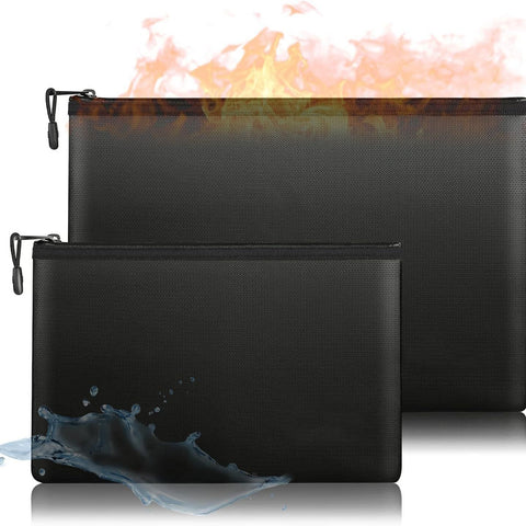 2-Piece Fireproof Document Zipper Bag Set (28x17cm + 34x24 cm) - Waterproof & Heat Resistant Silicone Fiberglass Storage Pouch and Money Bag for Passport Card and Valuables