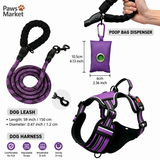 3 Piece Purple No Pull Dog Harness and Leash Set with Poop Bag Holder (L Size) - Adjustable Escape Proof Reflective Vest for Small Medium Large Dogs