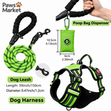 3 Piece Green No Pull Dog Harness and Leash Set with Poop Bag Holder (S Size) - Adjustable Escape Proof Reflective Vest for Small Medium Large Dogs