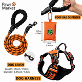 3 Piece Orange No Pull Dog Harness and Leash Set with Poop Bag Holder (L Size) - Adjustable Escape Proof Reflective Vest for Small Medium Large Dogs