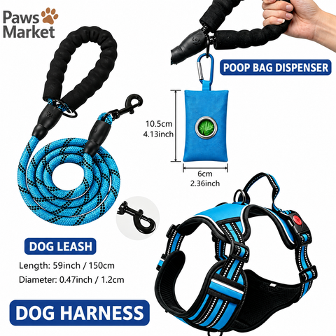 3 Piece Blue No Pull Dog Harness and Leash Set with Poop Bag Holder (XL Size) - Adjustable Escape Proof Reflective Vest for Small Medium Large Dogs
