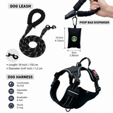 3 Piece Black No Pull Dog Harness and Leash Set with Poop Bag Holder (XL Size) - Adjustable Escape Proof Reflective Vest for Small Medium Large Dogs