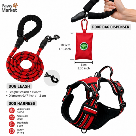3 Piece Red No Pull Dog Harness and Leash Set with Poop Bag Holder (XL Size) - Adjustable Escape Proof Reflective Vest for Small Medium Large Dogs